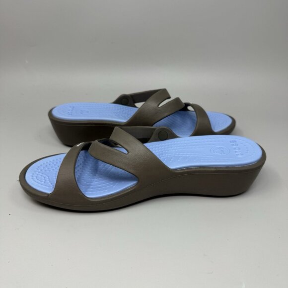 Crocs Patricia Sandals 10386 Strappy Wedge  Blue Brown Size 8 - Picture 3 of 8